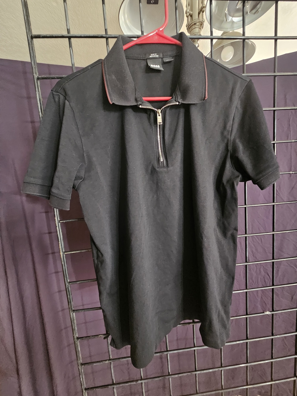 BOSS Black Short-Sleeve Zip Polo with Subtle Red Trim